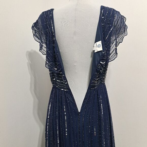 Patra Silk Elegant Sequin Beaded V Neck Party Maxi Dress Size 12 Navy - Picture 11 of 17